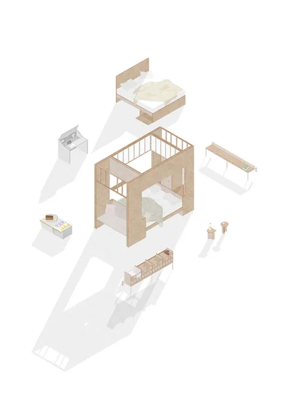 An architecturally designed bedroom featuring a platform bed and various furniture pieces.