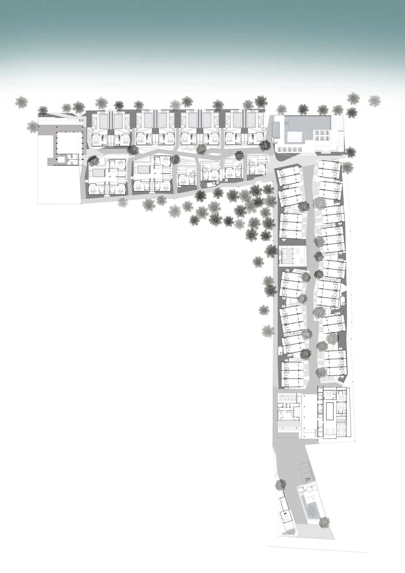 住宅開發案平面圖，展示多棟不同格局的建築物與樹木配置。