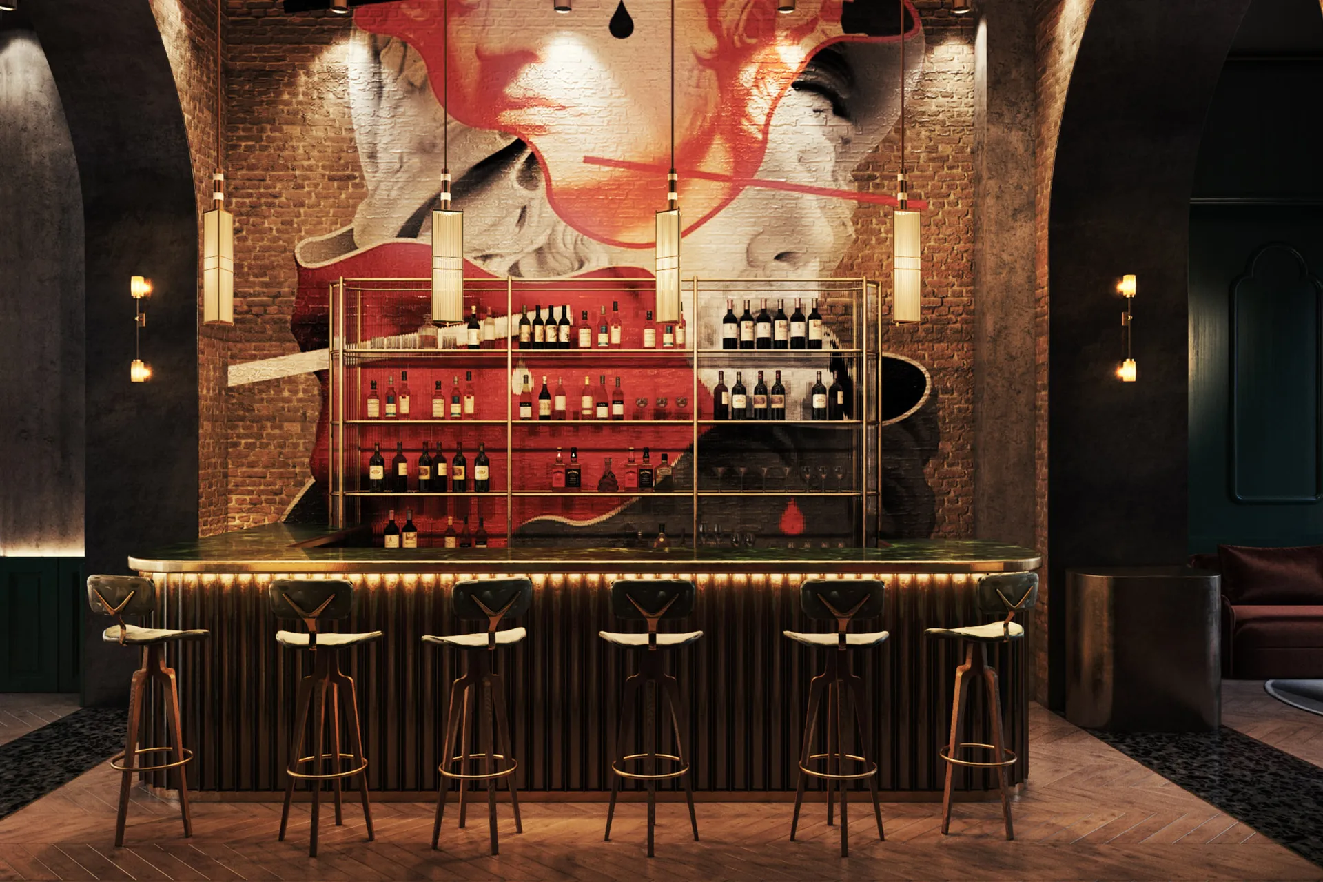 A modern bar interior with brick walls, concrete counter, and marble accents.