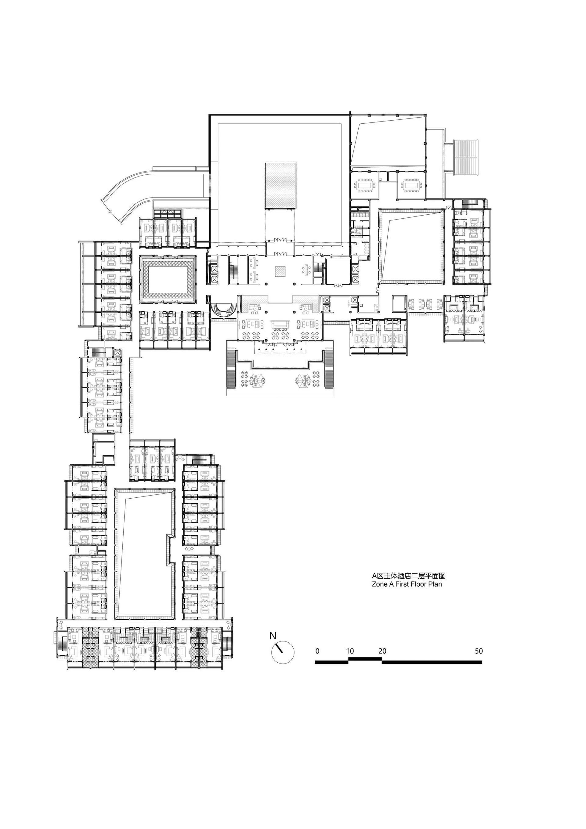 A detailed 2D floor plan of Zone A in a hotel, showing functional zones such as corridors, dining areas, and rooms.