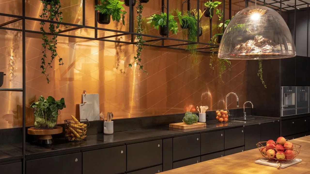 Modern black metallic industrial kitchen interior with hanging plants and a bowl of red apples.