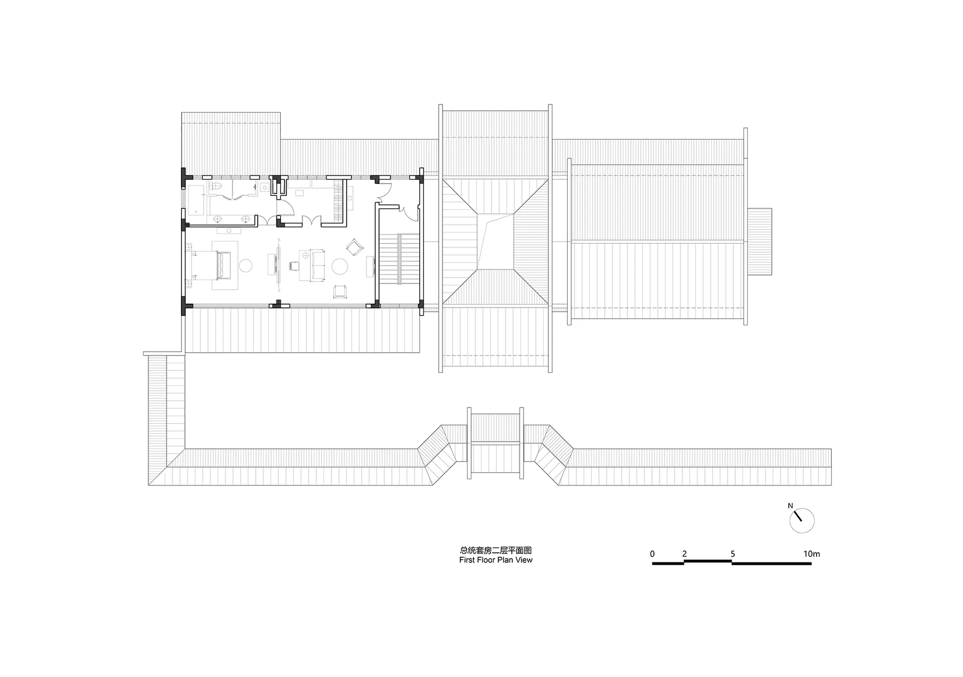Second floor architectural plan of a modern house, showing rooms, walls, and windows.