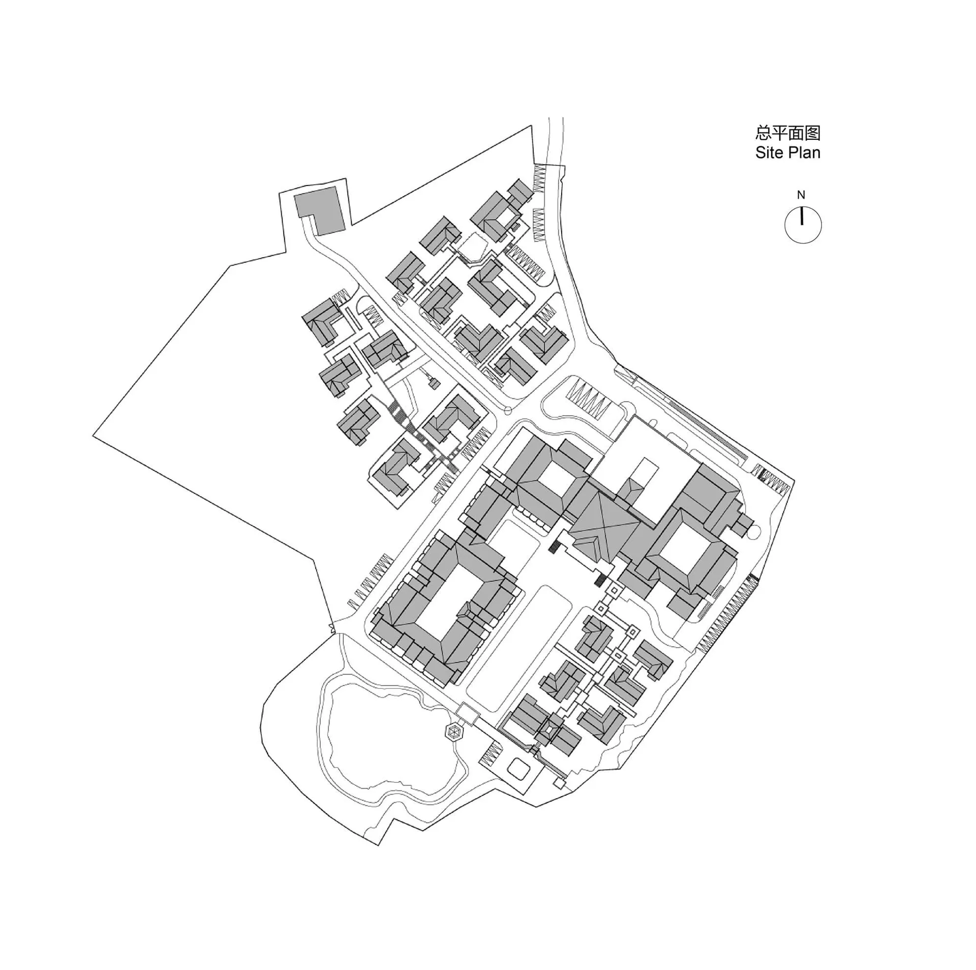 住宅區的黑白平面圖，標示建築物、街道與地標。