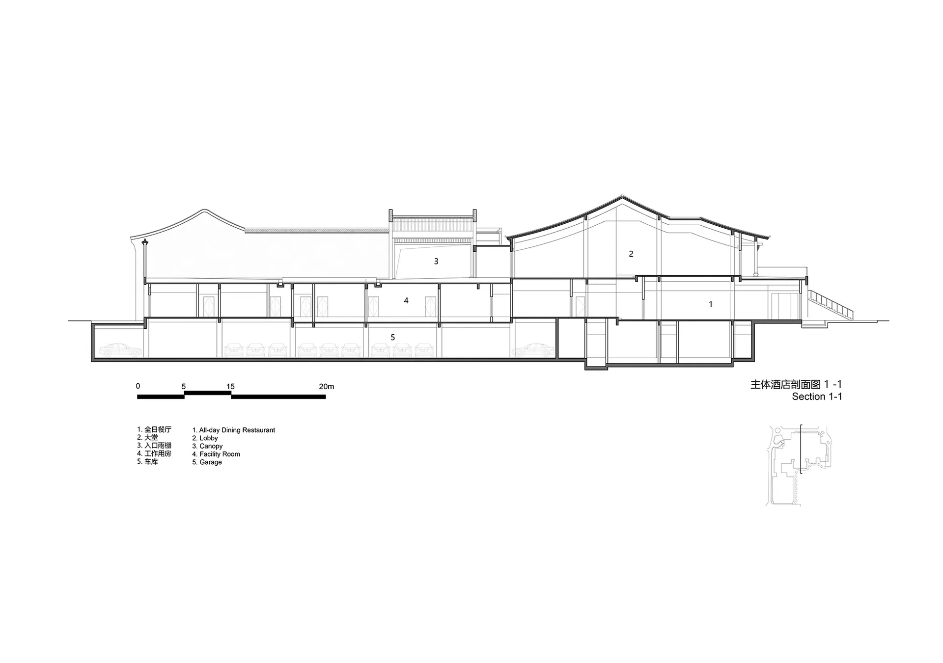 Sectional cutaway of a traditional hotel showcasing its architectural features and spatial layout.
