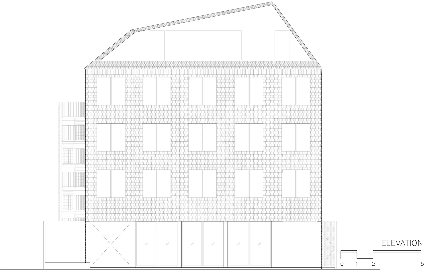 Elevation drawing of a brick building with multiple windows and a pitched roof.
