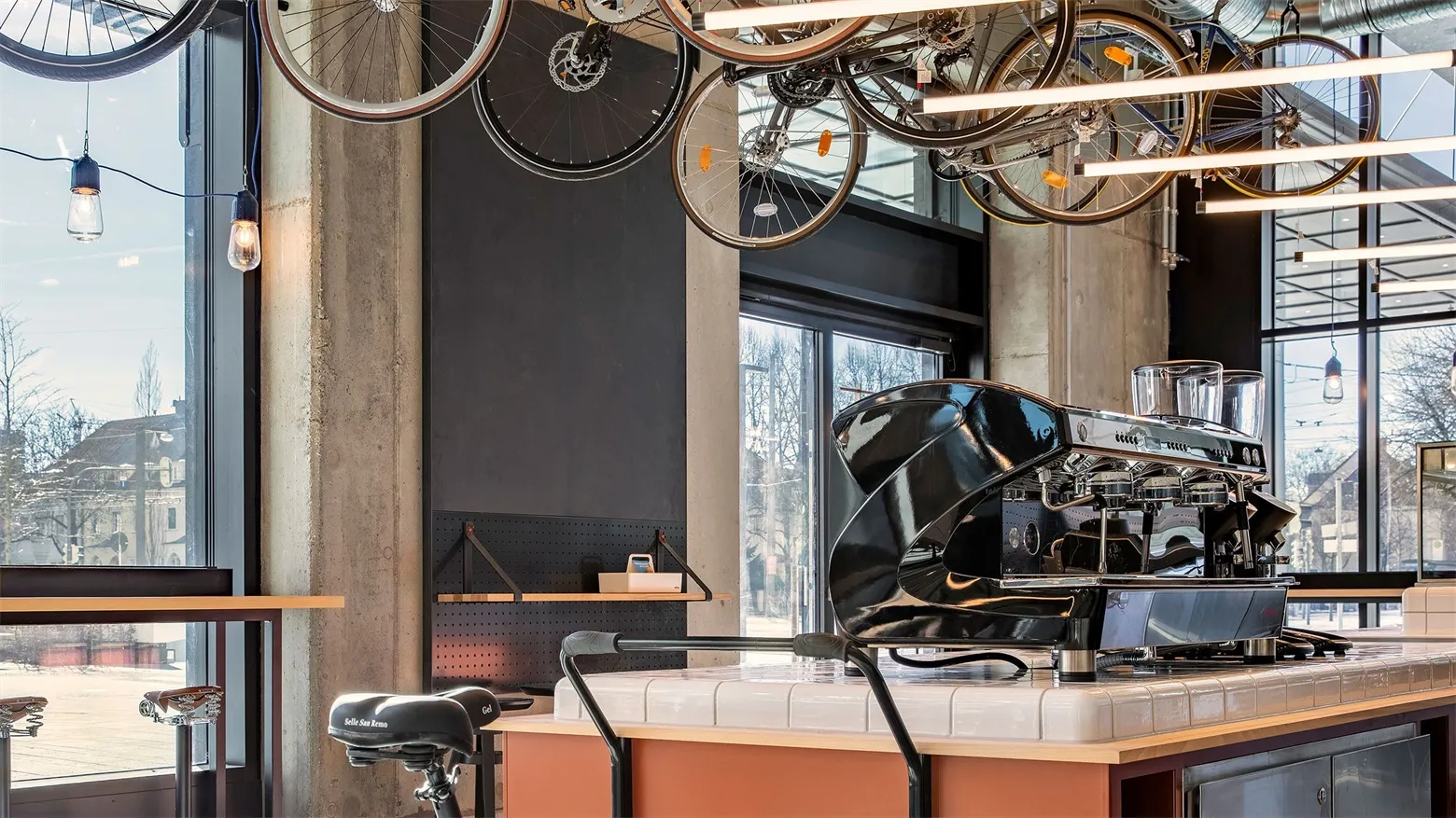 Modern coffee shop with metal and wooden accents