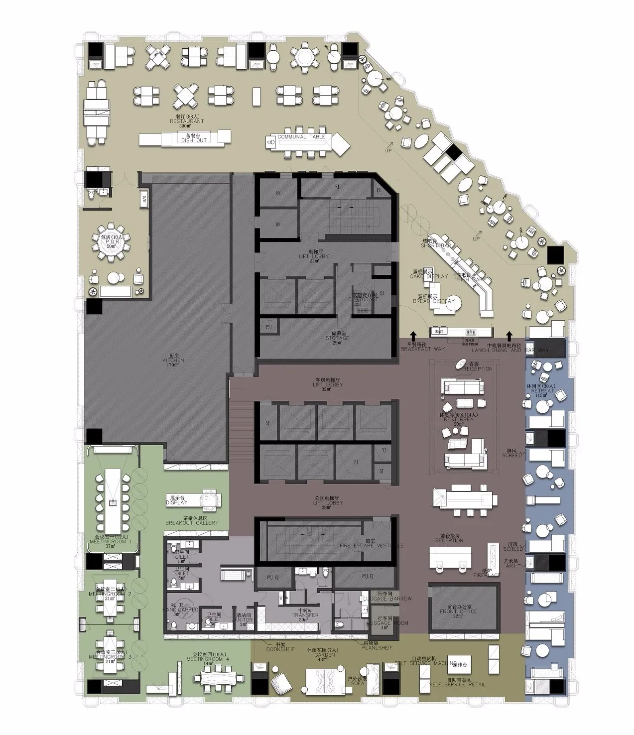 Floor plan of a commercial space with various functional areas and furniture layouts.