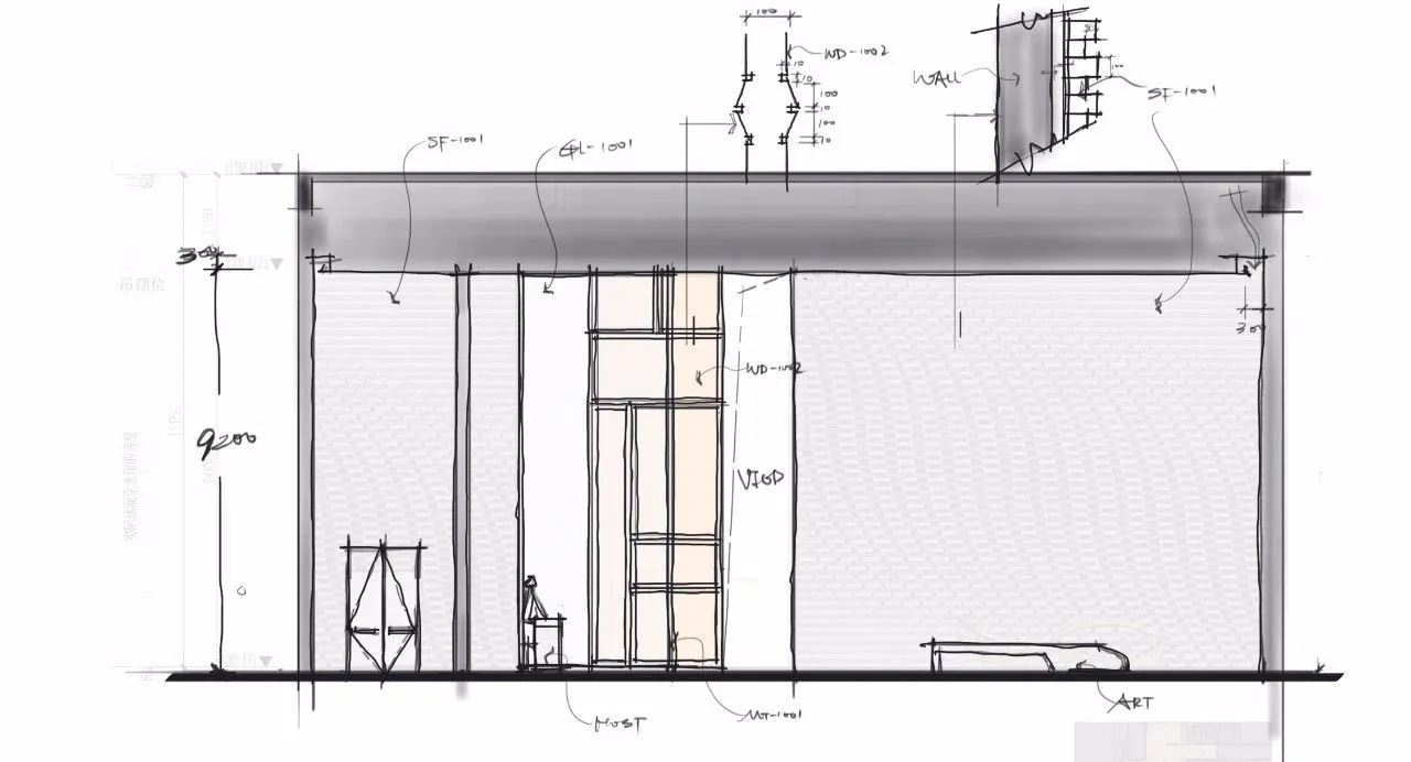 一張室內空間的技術建築圖，顯示平面配置與各項設計元素。
