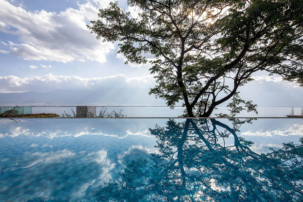 A serene minimalist landscape featuring a tranquil water body with a reflection and a single tree.