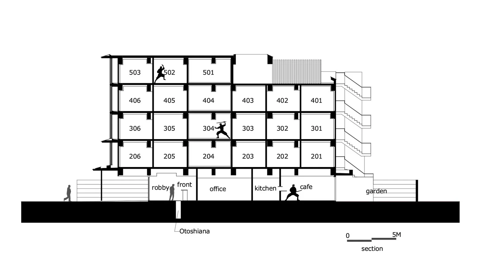 Floor plan of a modern residential building, showing multiple residential units and common areas.