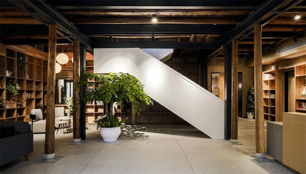 A minimalist lobby with concrete walls, large potted plants, and wooden structural elements.