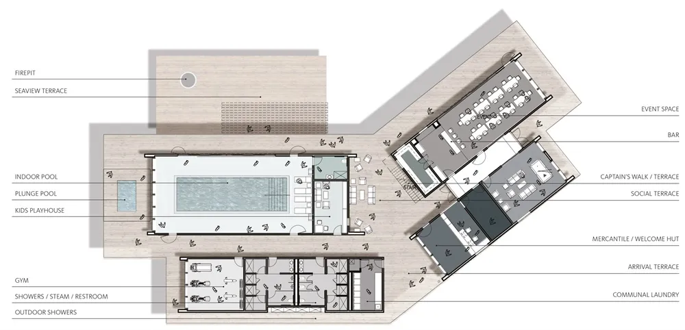 A detailed architectural floor plan of a resort with various amenities such as a sea view terrace, firepit, indoor and outdoo