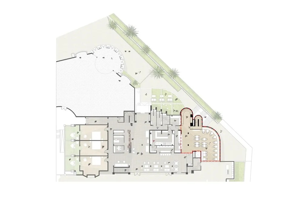 Floor plan of a modern office space with various rooms and seating arrangements.