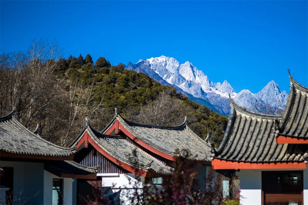 Traditional Chinese rooftops overlooking snow-capped mountains against a clear blue sky.