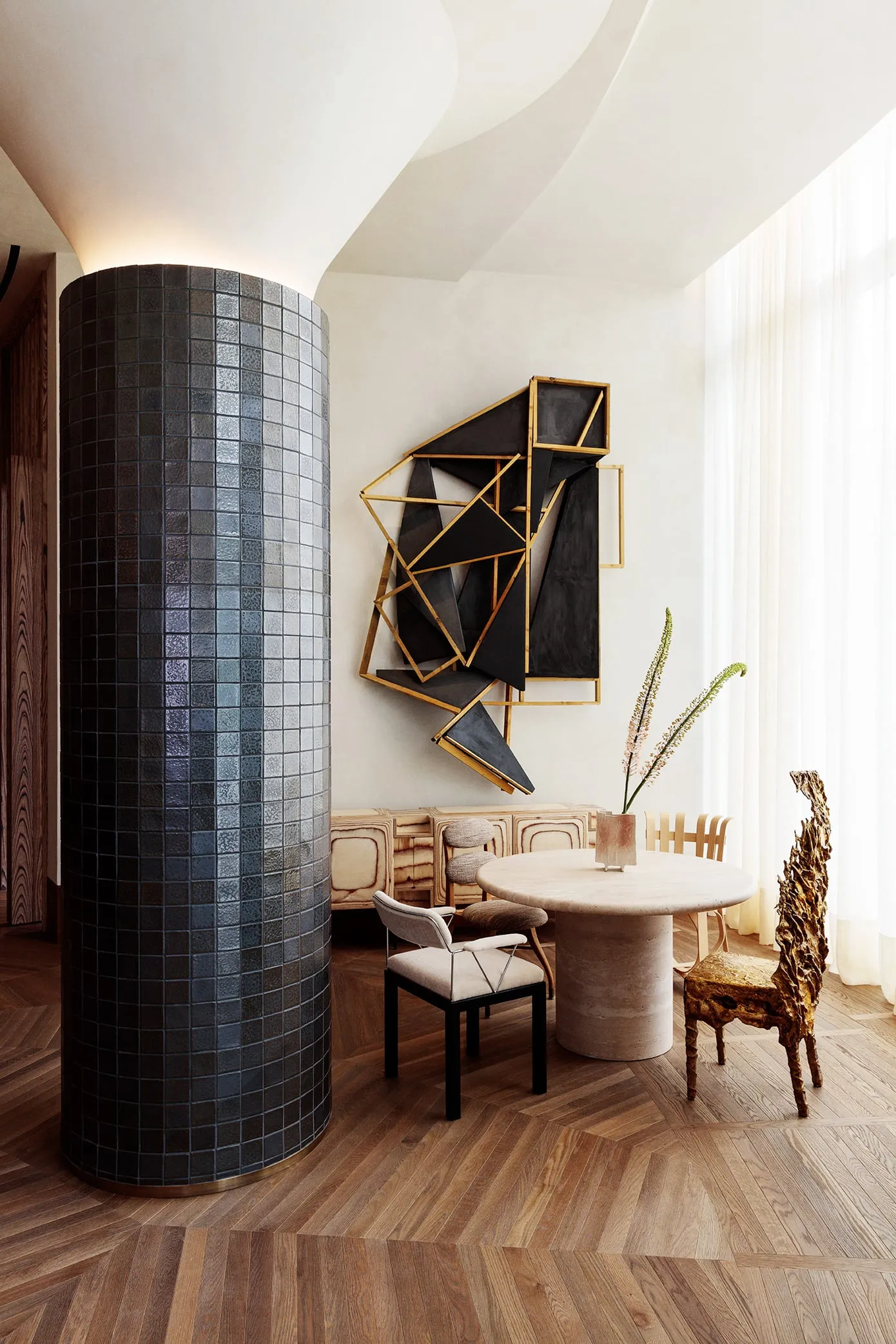 Modern residential space featuring tile, wood, and metal materials.