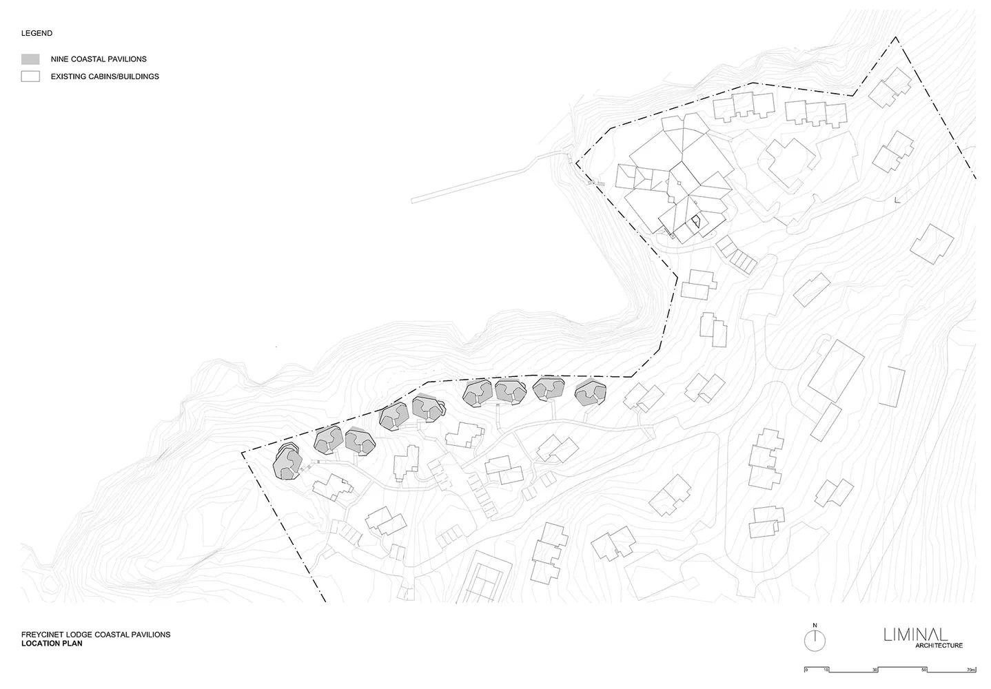 Freycinet Lodge 海濱小屋位置圖，顯示九棟海濱小屋及現有小屋與建築物。
