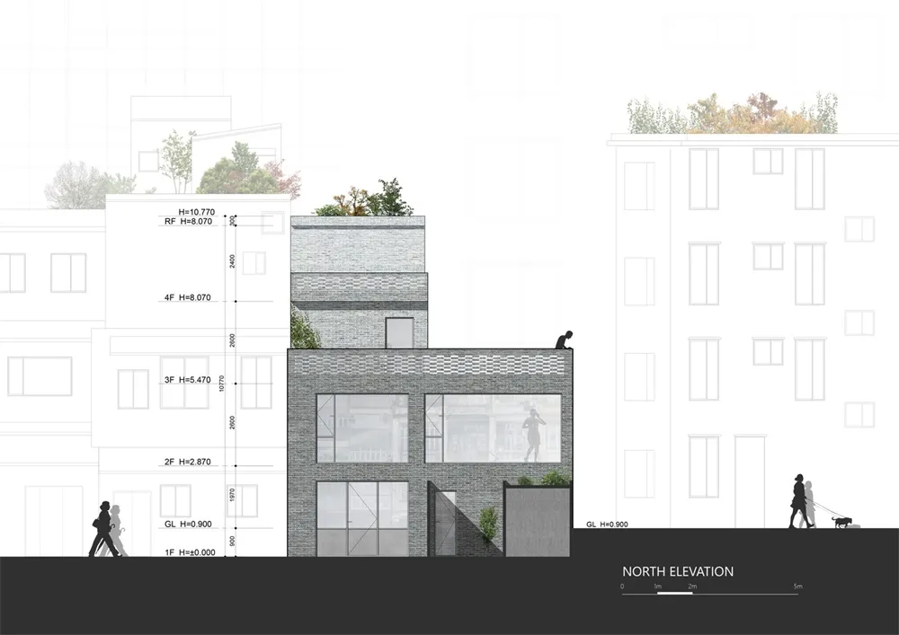 Elevation drawing of a building with gray brick and concrete materials.