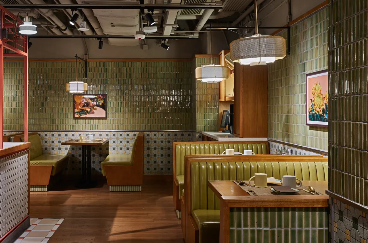 Industrial-style cafe with tile and wood interior design
