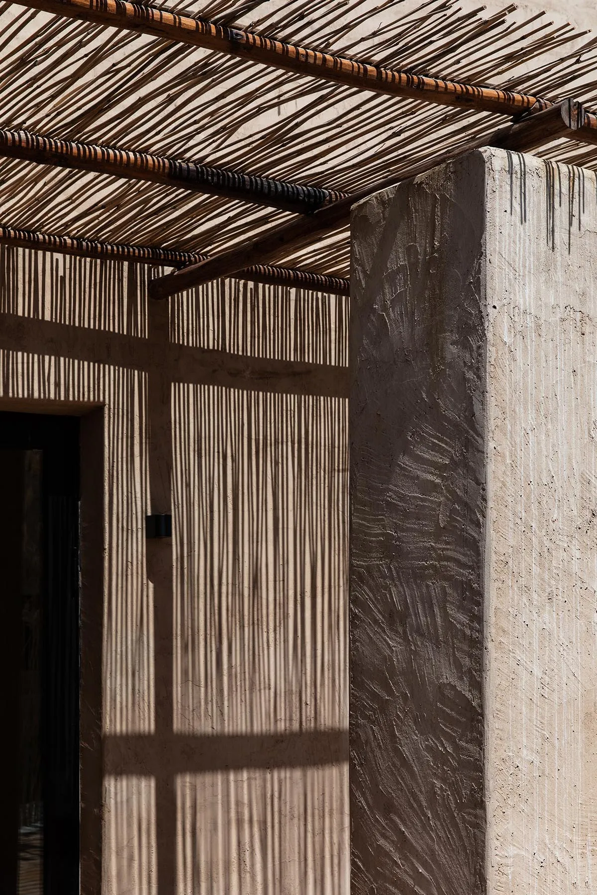 Concrete columns casting shadows on a wall, with a grass and wood roof structure.