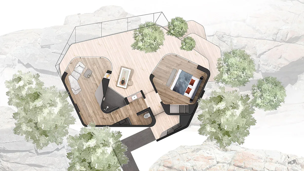 An overhead view of a pentagon-shaped living space with wooden flooring, a sofa, a bed, and green plants.