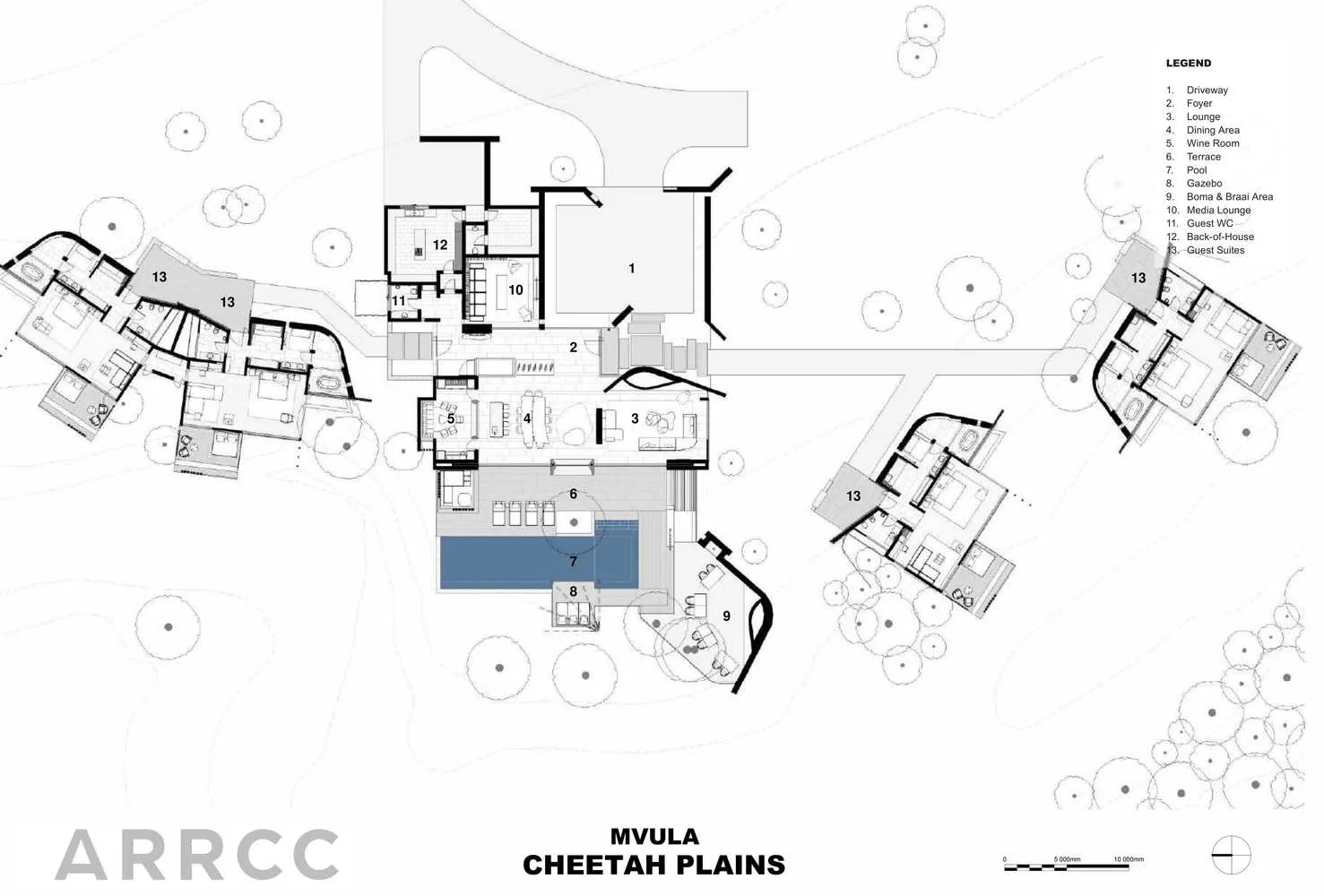 Floor plan for hotel suites at MVULA CHEETAH PLAINS showing various rooms and amenities.