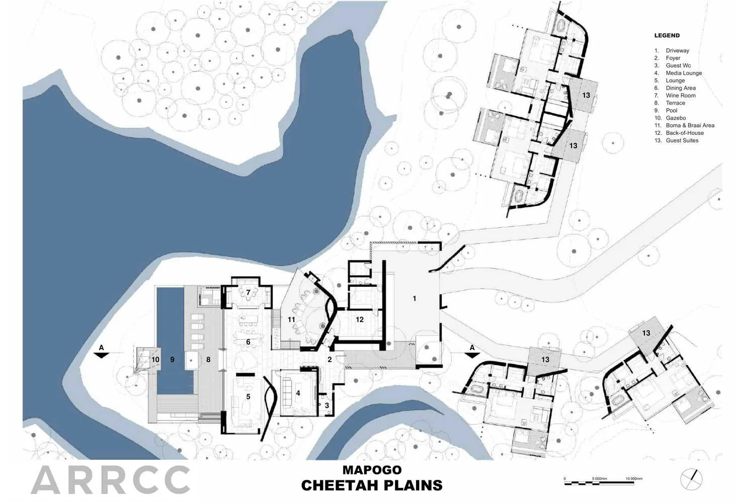 Mapogo Cheetah Plains 住宅的詳細建築樓層平面圖。