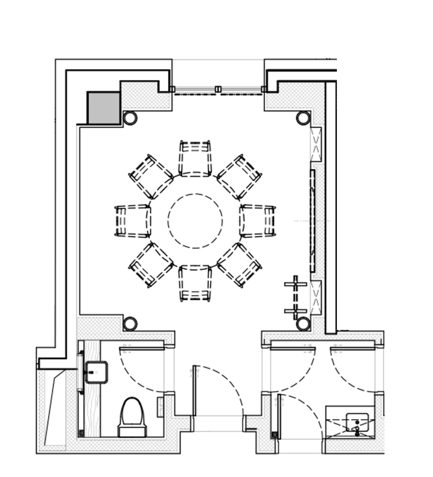 一張現代室內空間的2D建築圖，展現混合材質與功能分區。