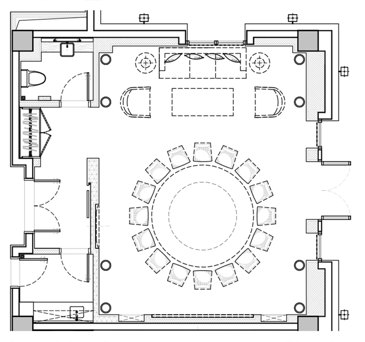 黑白建築圖，描繪現代辦公室休息區，設有圓形座位區與多個功能分區。