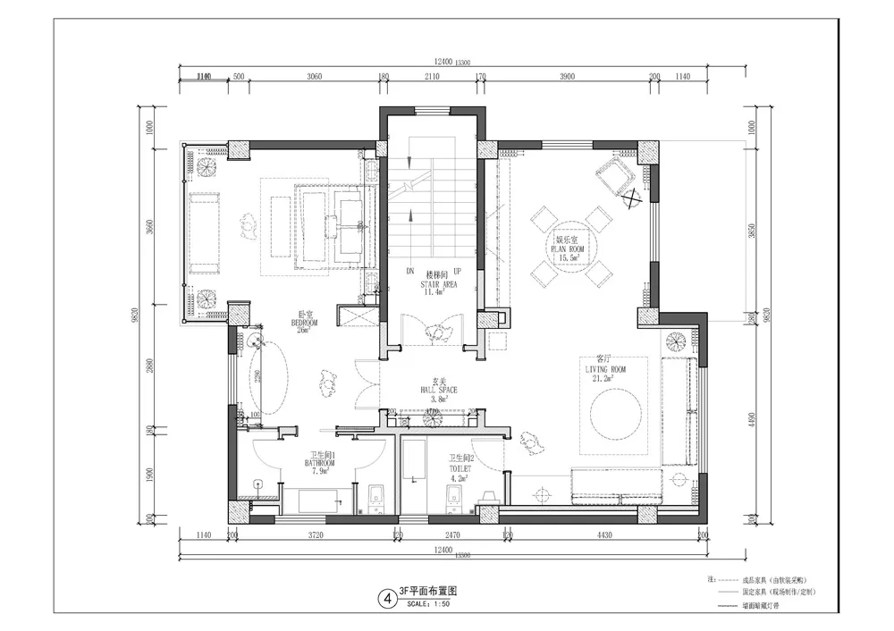 一張詳細的住宅平面圖2D建築圖紙。