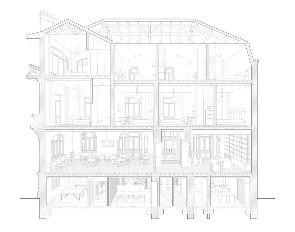 2D architectural drawing of a modern Waldorf school interior with features such as wood, glass, and metal.