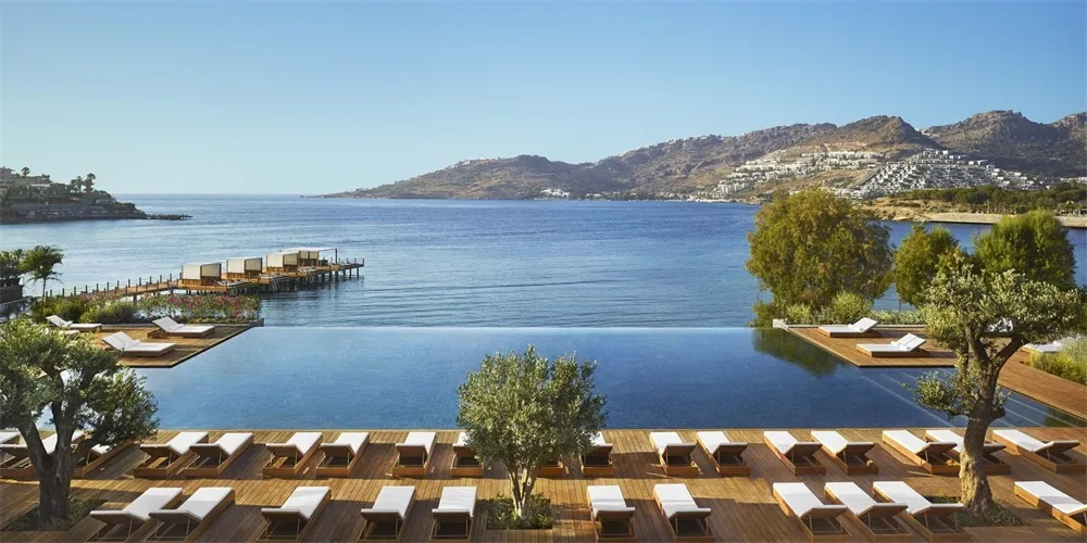 Vacation resort with modern architecture, featuring a glass infinity pool, wooden deck chairs, and scenic ocean view.
