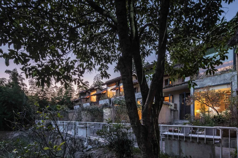 A rustic residential exterior with wooden elements.