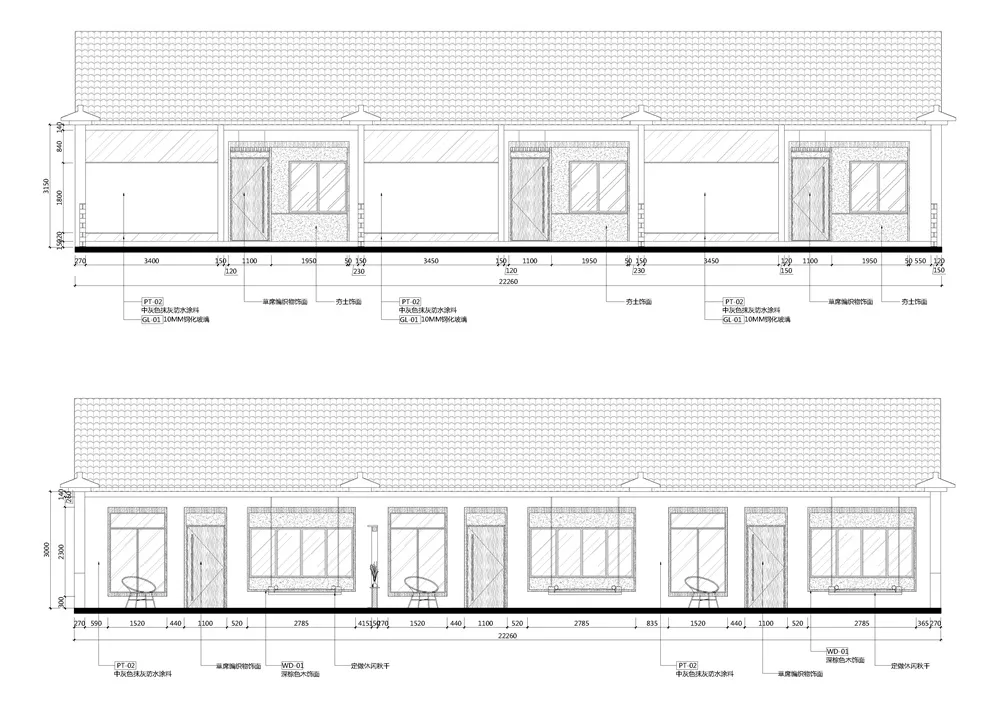 2D architectural rendering of a house featuring windows, doors, and various materials such as paint and glass.
