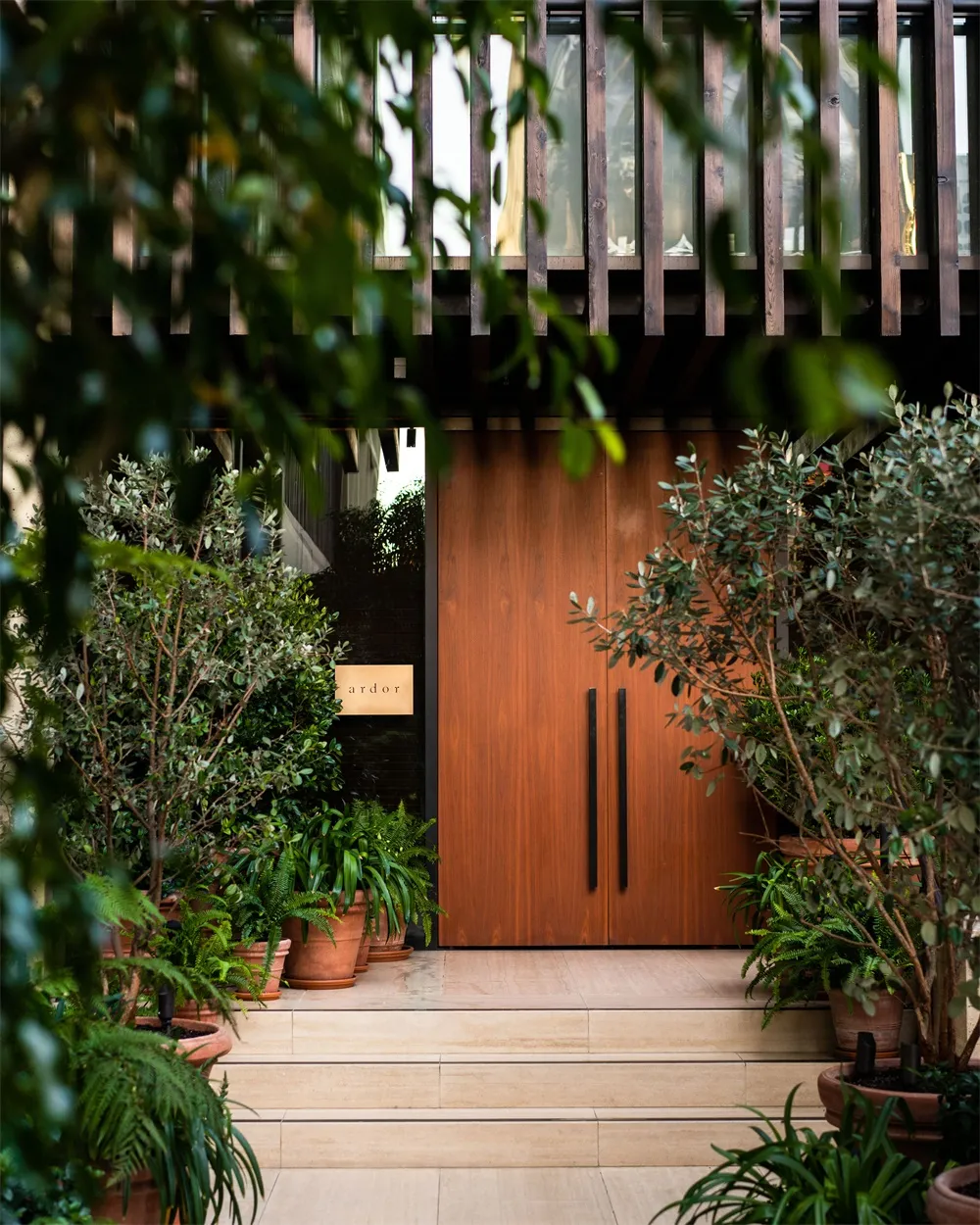 A modern restaurant entryway with wooden doors and lush greenery surrounding them.