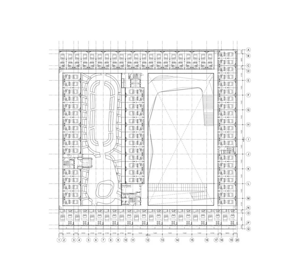 Floor plan blueprint of an educational institution with detailed room layouts and architectural features.
