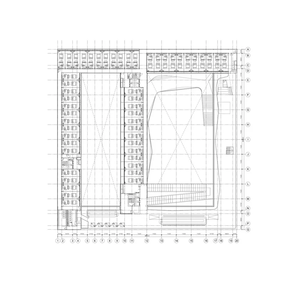 Detailed architectural drawing of an office layout with numbered sections and lines representing walls and spaces.