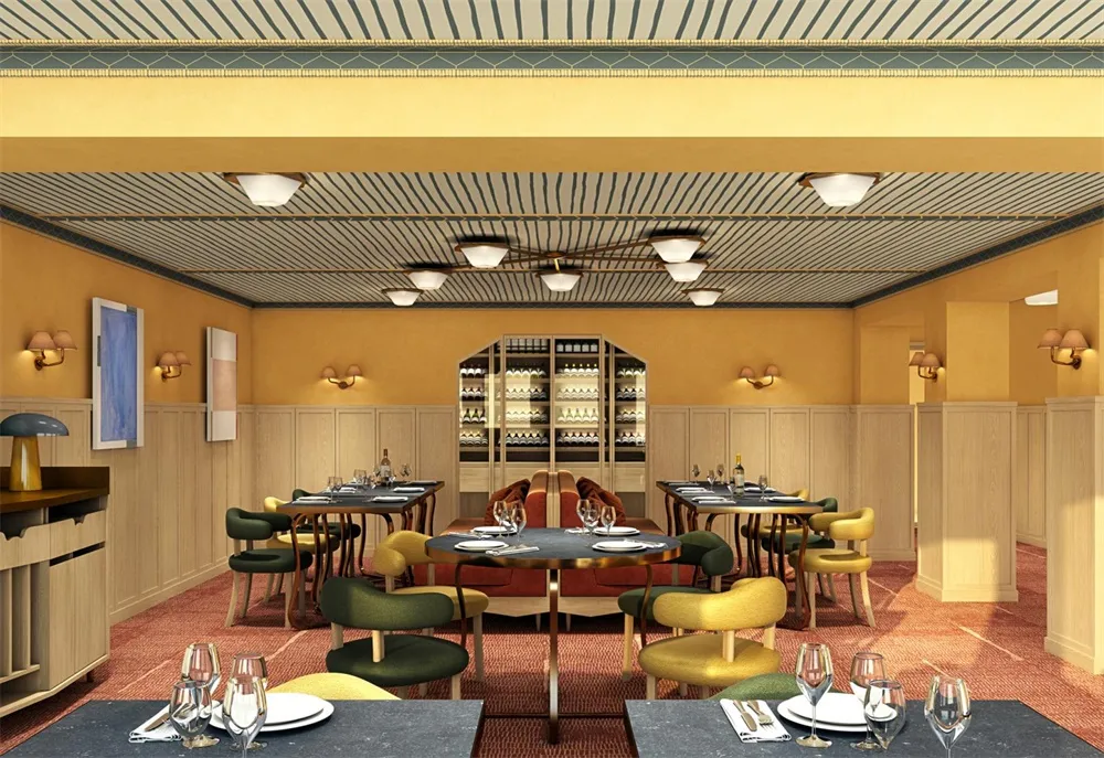 A modern restaurant interior design with wine bottles displayed on shelves.