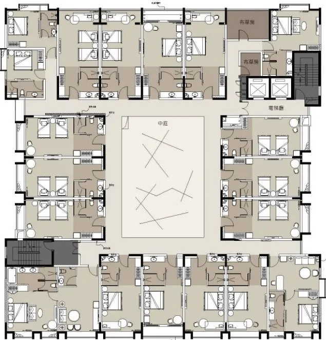 A modern hotel floor plan with white background showing multiple rooms and amenities.