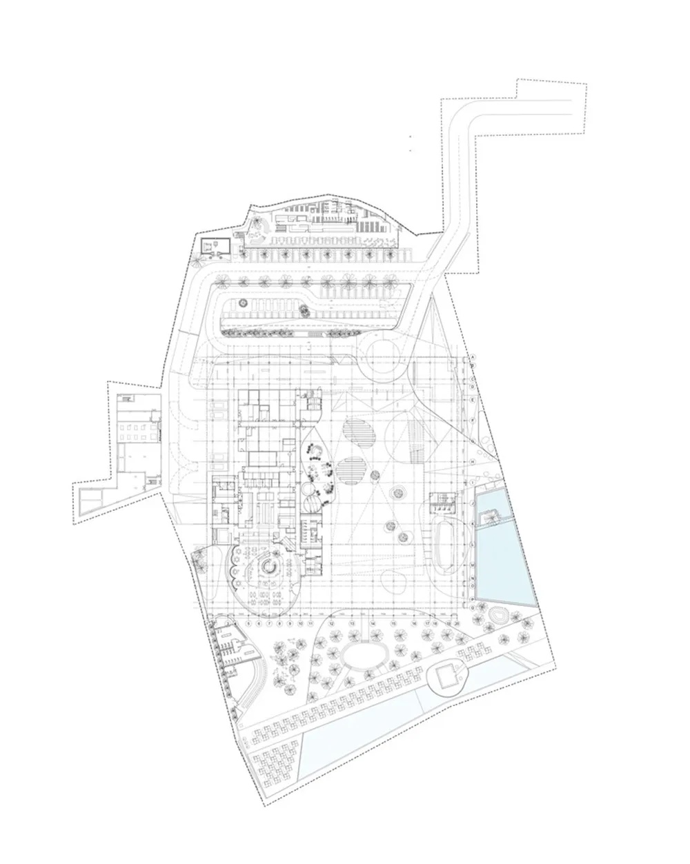 詳細的建築基地平面圖，描繪都市開發計畫，包含標註的區域、建築物與街道。