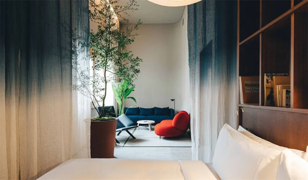 A modern bedroom featuring a bed with white sheets and pillows, a blue and red armchair, a green plant in a brown planter, an