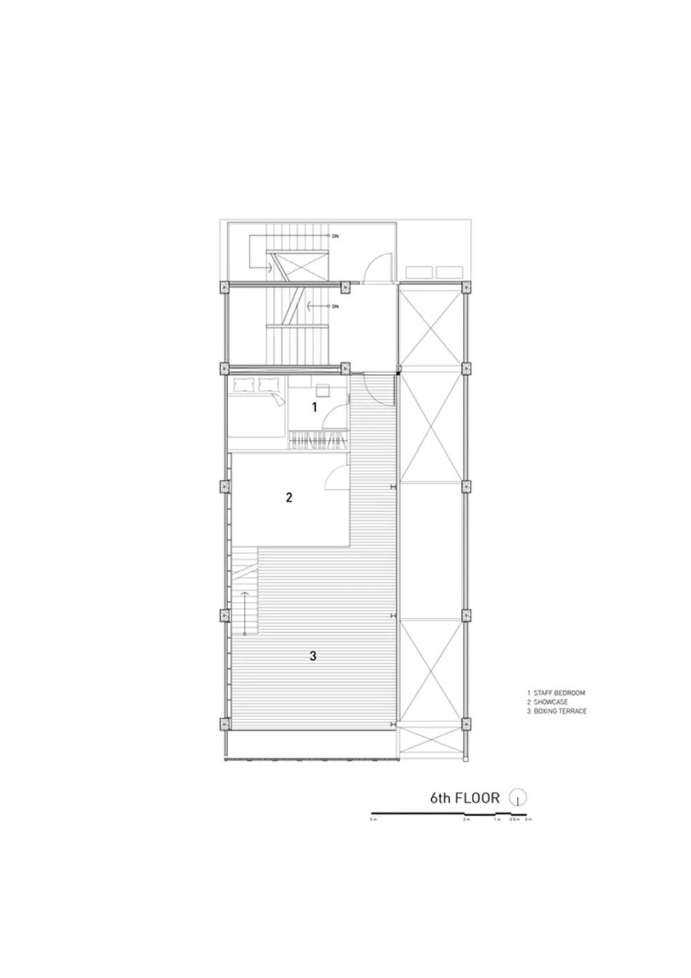 Floor plan of the 6th level of a building showing the layout of the staff bedroom, showcase, and boxing terrace.