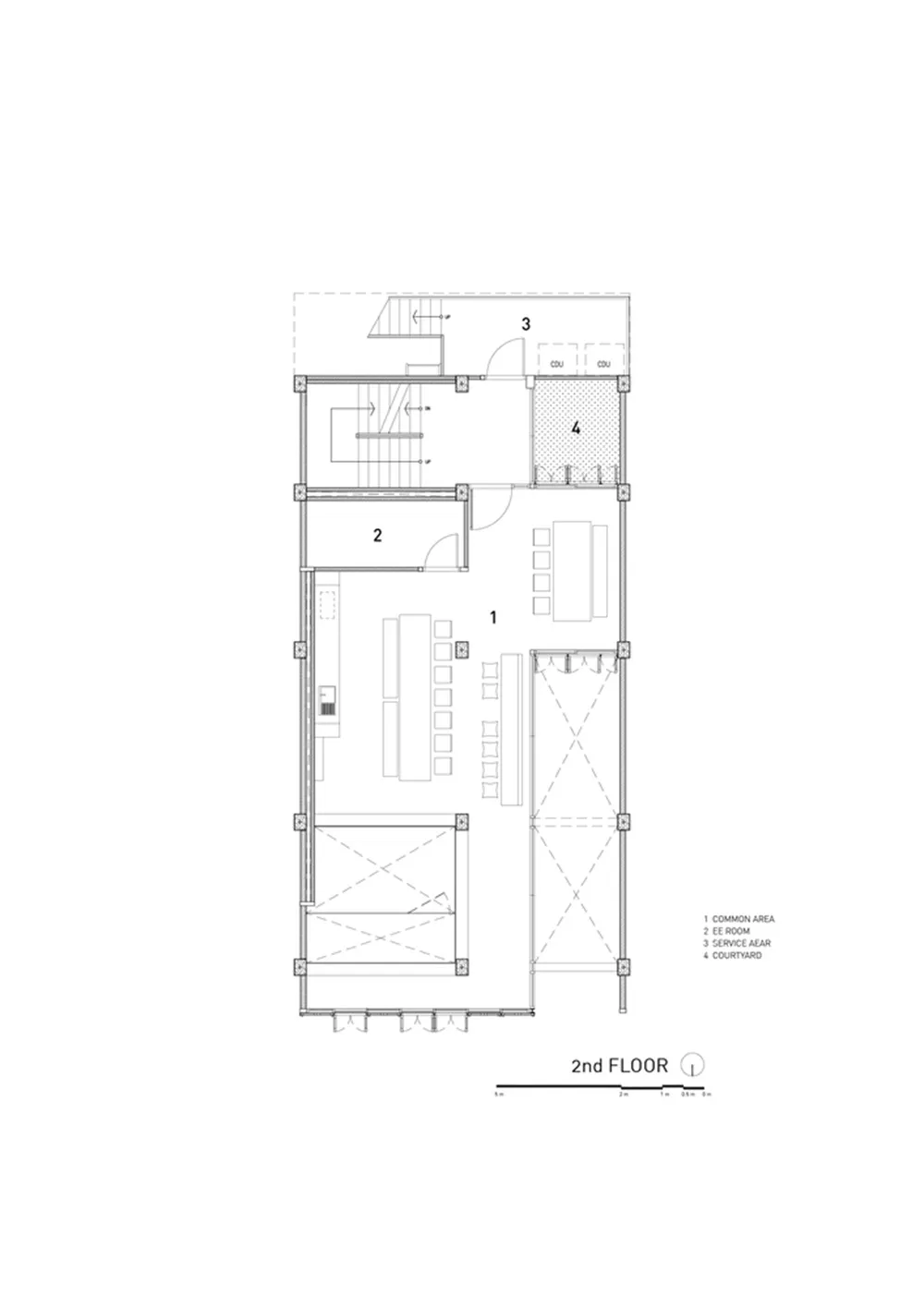 Detailed architectural layout of a 2nd floor plan depicting a common area, EE room, service area, and courtyard.