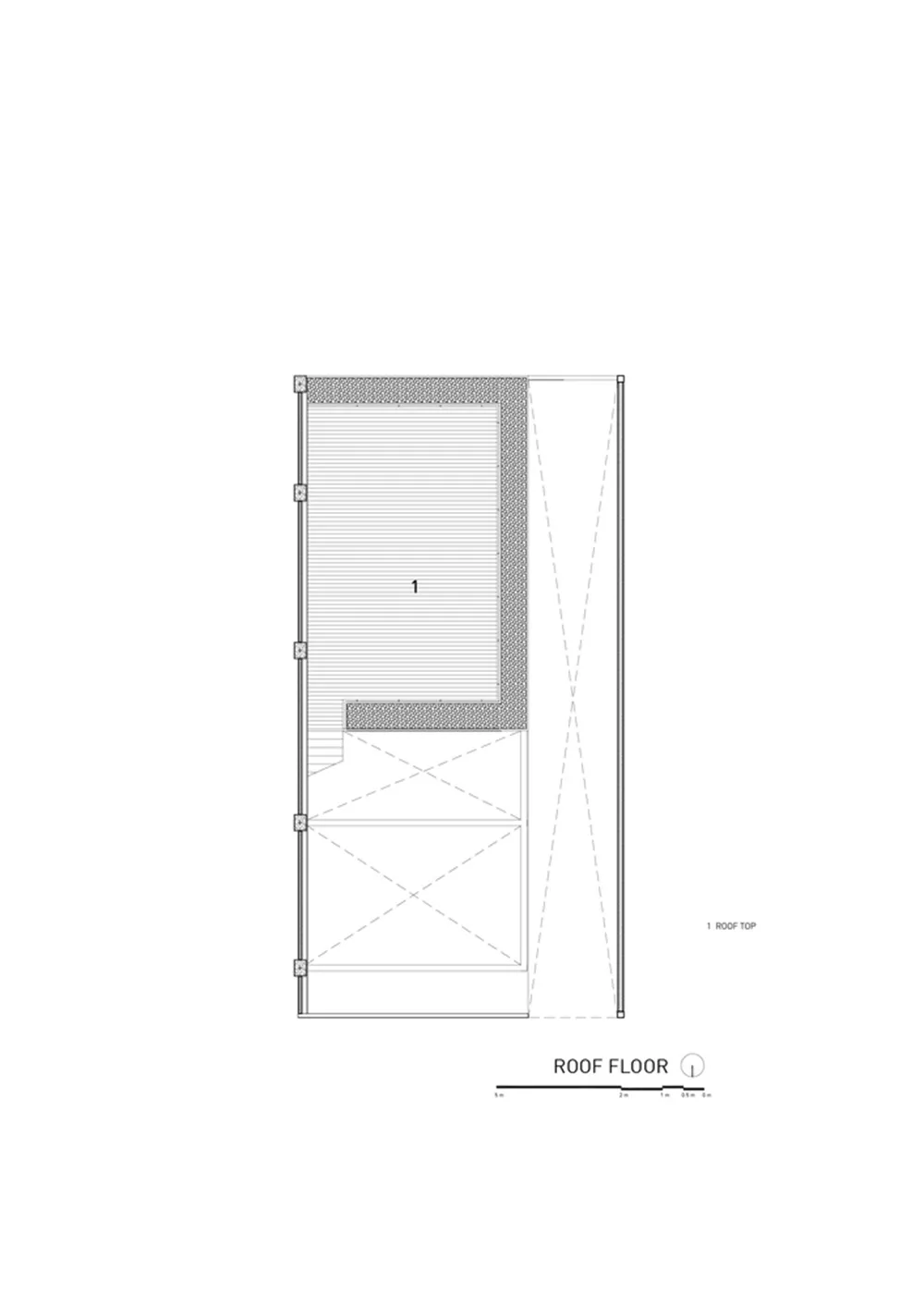 屋頂平面圖的線性示意圖,呈現矩形屋頂及剖面視圖,標示尺寸與配置。