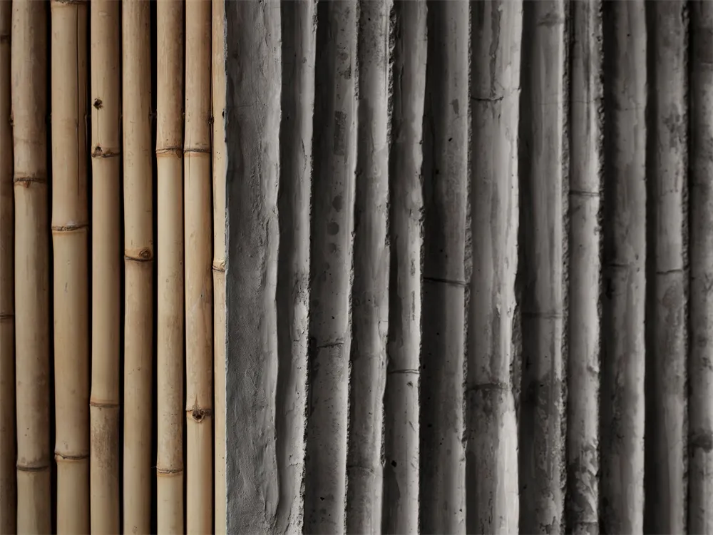 Bamboo poles arranged in lines against a textured wall.