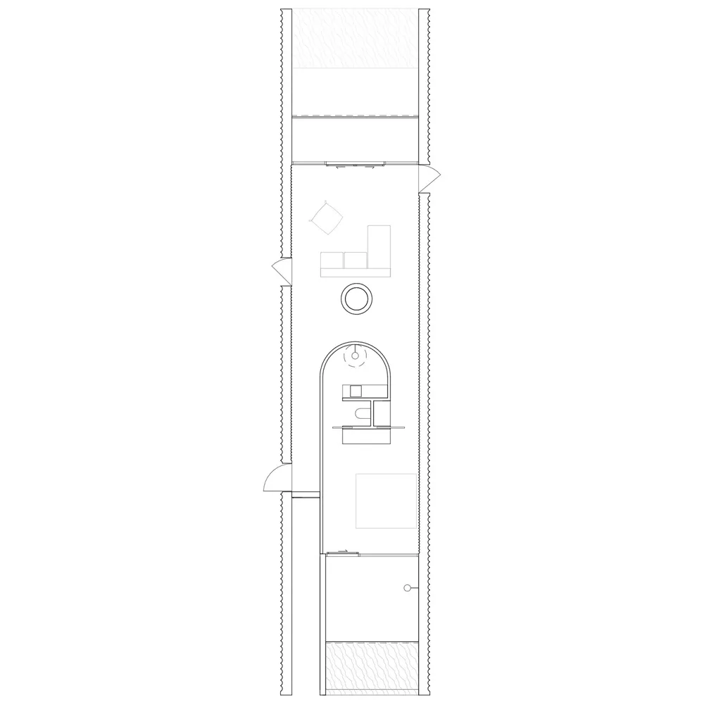 Floor plan of a modern living space with wooden elements.
