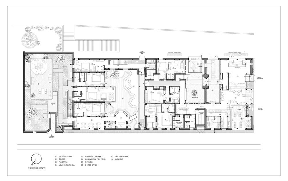 黑白建築平面圖，展示飯店配置。