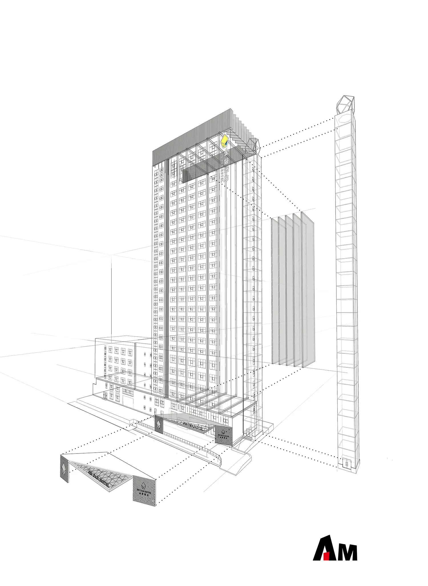 3D rendering of a hotel building with glass exterior.