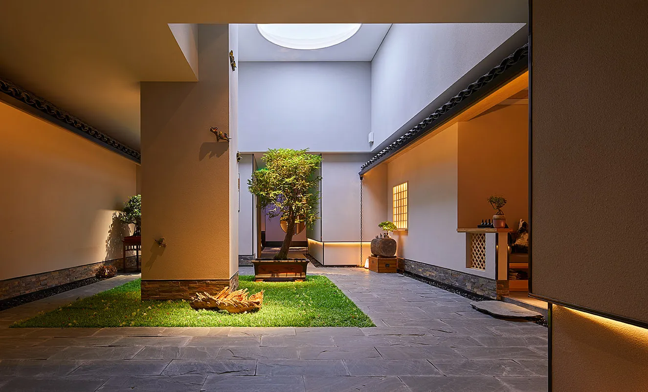 Modern minimalist outdoor patio made of concrete and stone