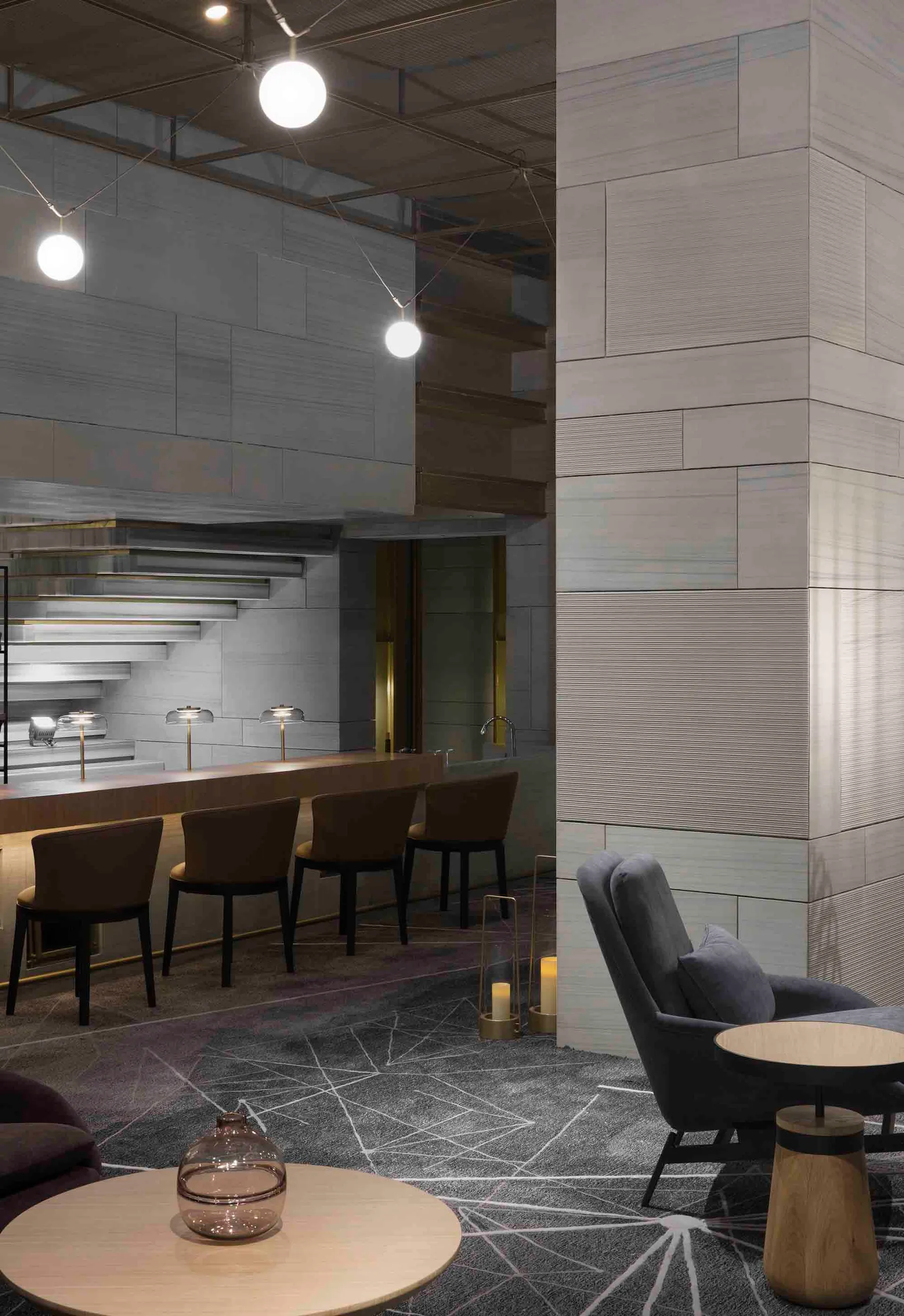 Modern interior design featuring office lounge with wood and concrete materials