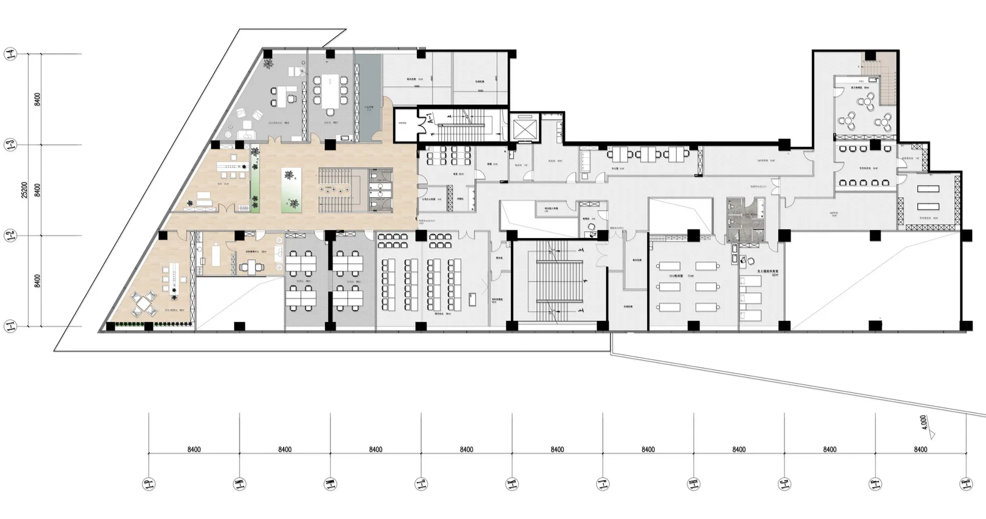 Modern office space layout with grey flooring, desks, chairs, and conference rooms.